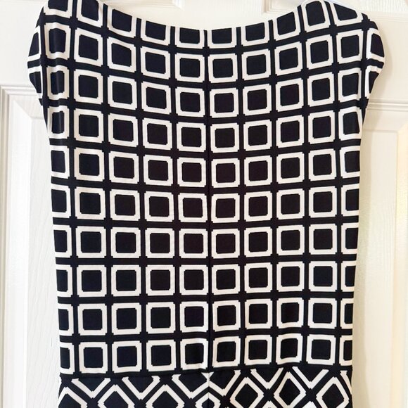 Lauren Ralph Lauren Black White Geometric Midi Dress Size 12 L,Fitted Stretch - Picture 6 of 10